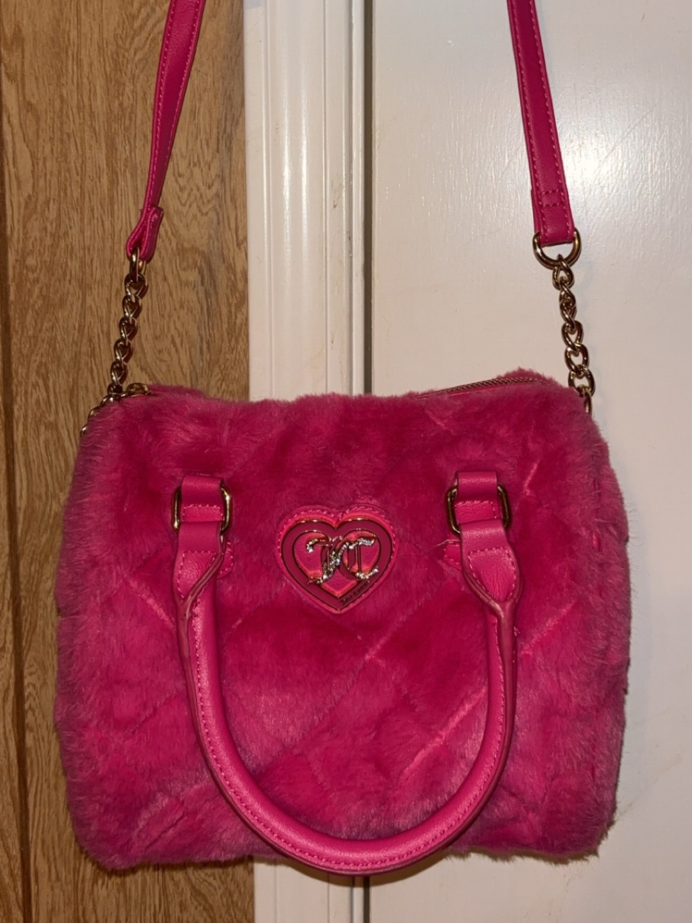 Juicy Couture Hot Pink Faux Fur Crossbody Shoulder Bag with Heart Logo